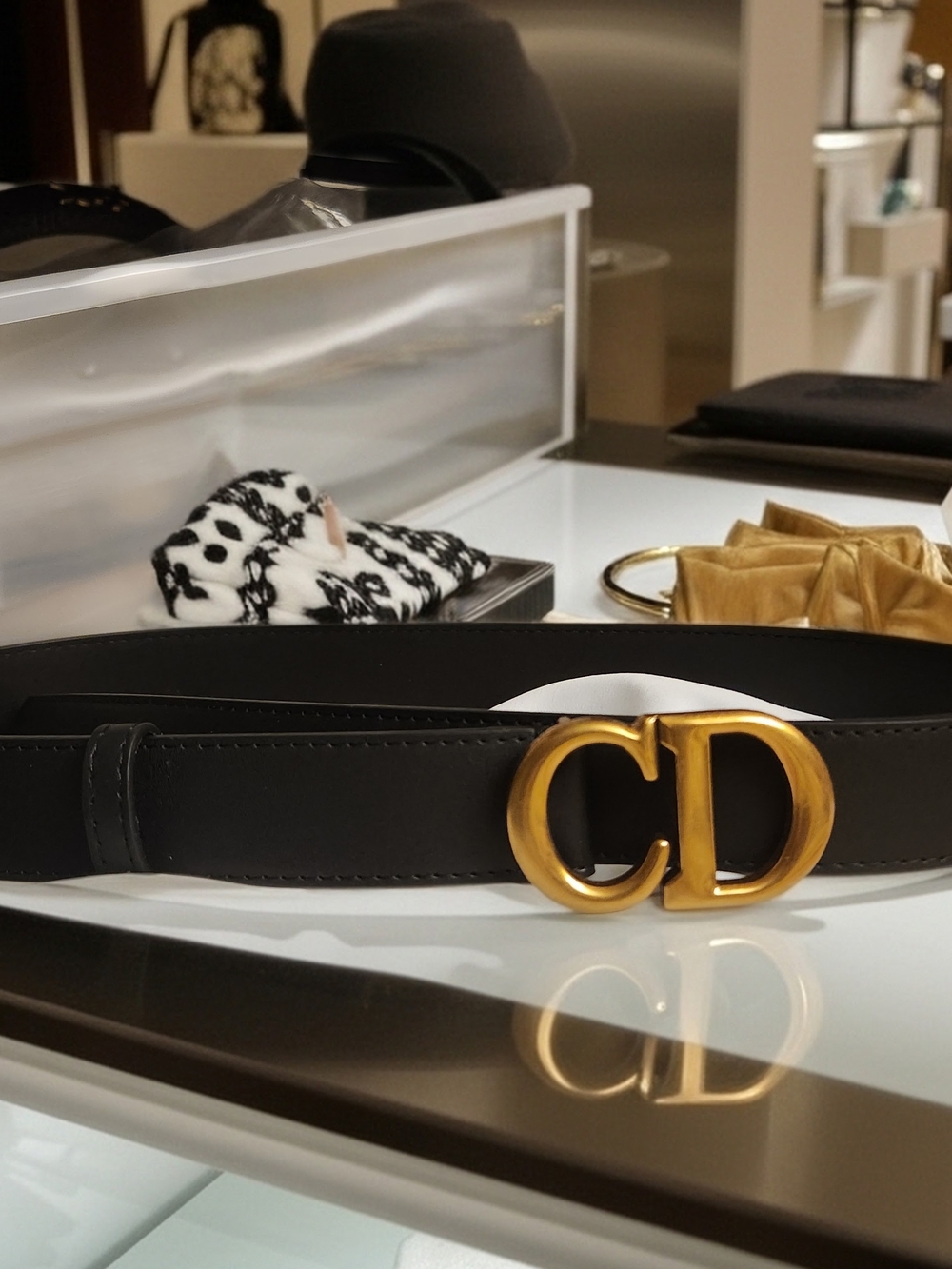 Christian Dior Black Leather Belt with Gold CD Buckle